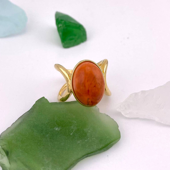 Genuine Salmon Howlite 18k Gold Plated Ring Size 5.5 - Picture 9 of 13